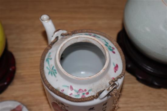 A Chinese famille rose teapot, a yellow glazed bottle vase, and a celadon glazed teapot vase 17cm incl. stand